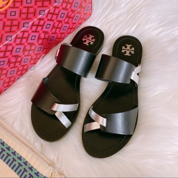 Tory Burch Shoes - Tory Burch Black & Silver Ravello Band Slides
